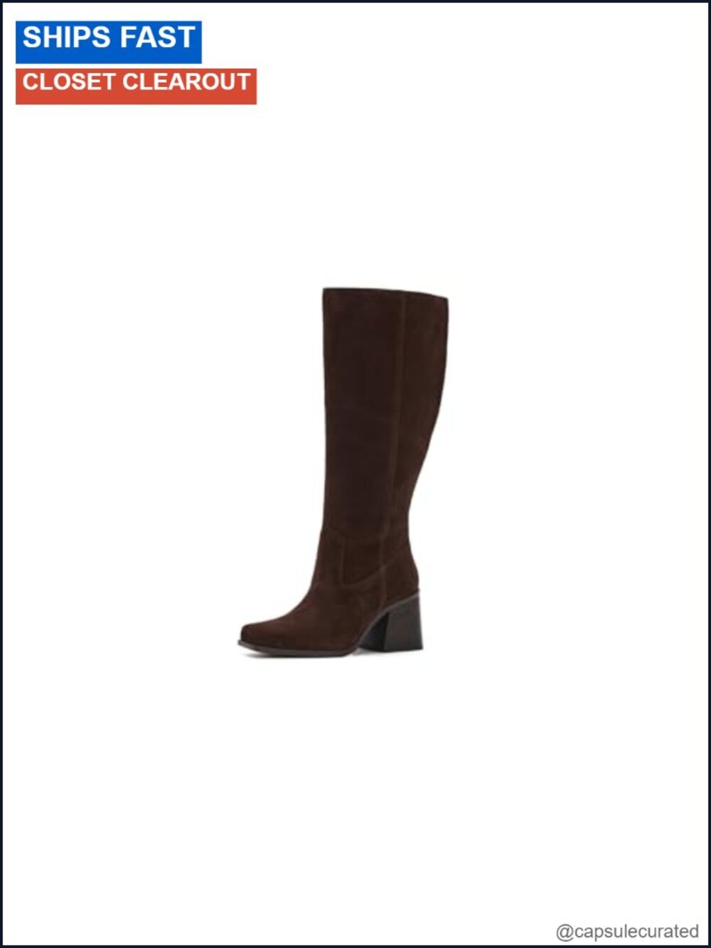 Wide Calf Knee High Boot Suede Block Heel Square Toe